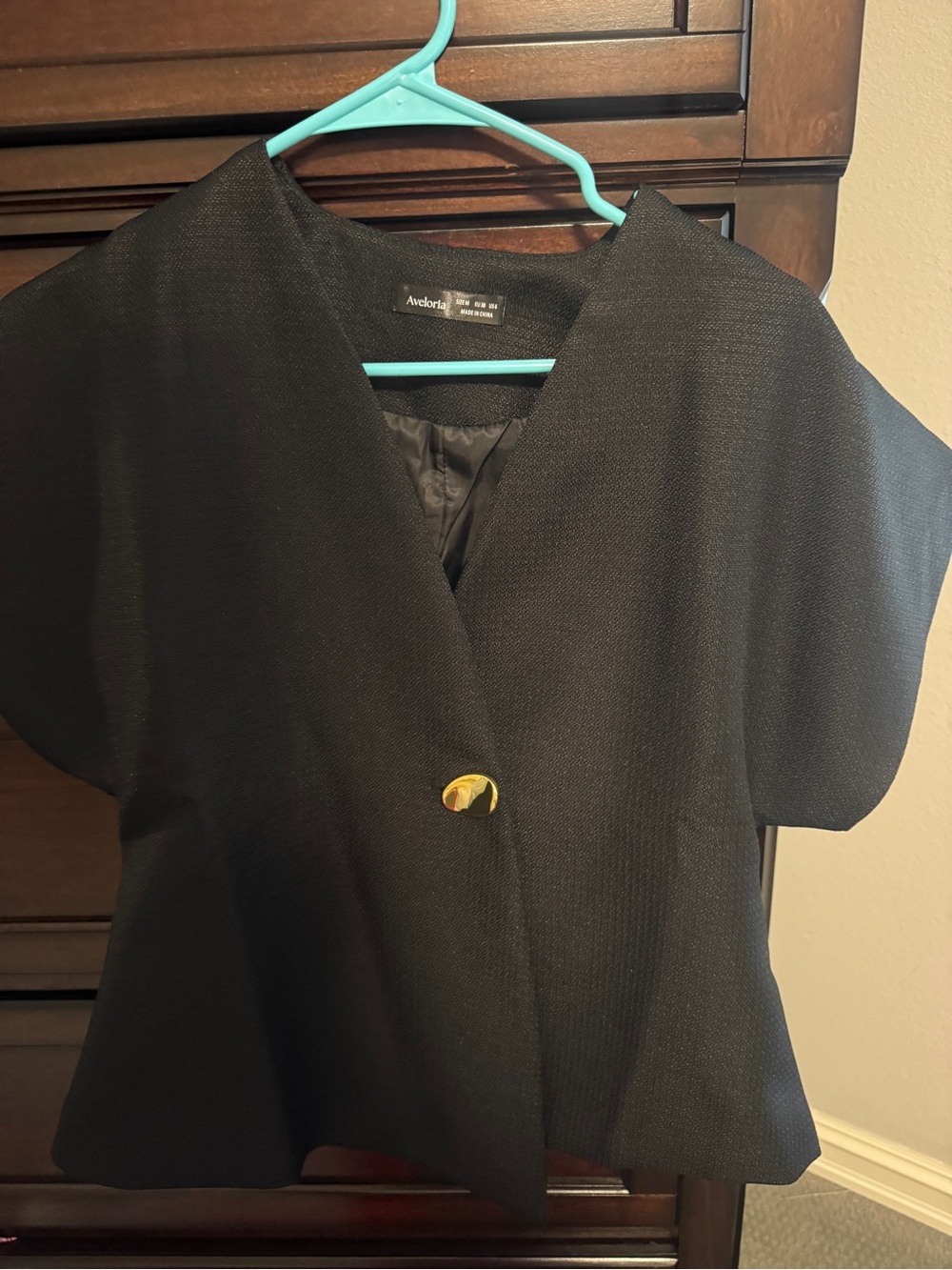 Black Short-Sleeve Peplum Top with Gold Button